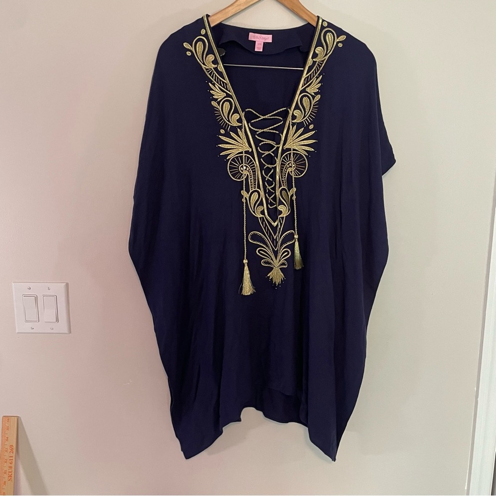 Lilly Pulitzer Chai Caftan Dress True Navy Blue GOLD Embroidery S/M